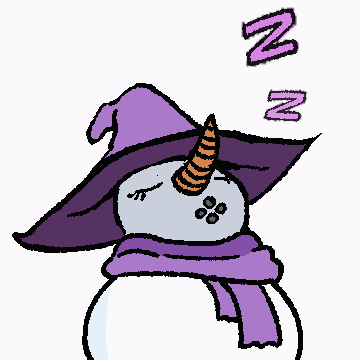 A sleeping snowman bearing a witch''s hat and scarf in purple.