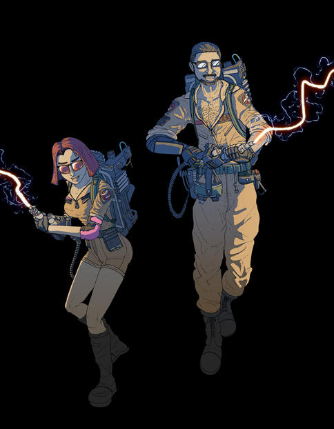 Two people, a shorter woman with red hair and a taller man with greying beard, dressed as ghostbusters firing their weaponry.